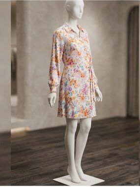 H&M White Mini Shirt Dress with Orange and Pink Floral Print
